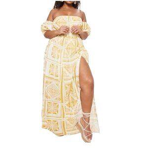 PrettyLittleThing Off Shoulder Yellow Paisley Tile Print Bardot Maxi Dress US XL
